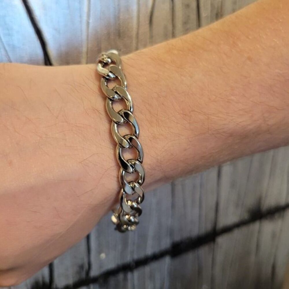 NWT Mens 12mm Shiny Stainless Steel Cuban Link Bracelet Lobster Clasp – 8 in - Picture 6 of 7